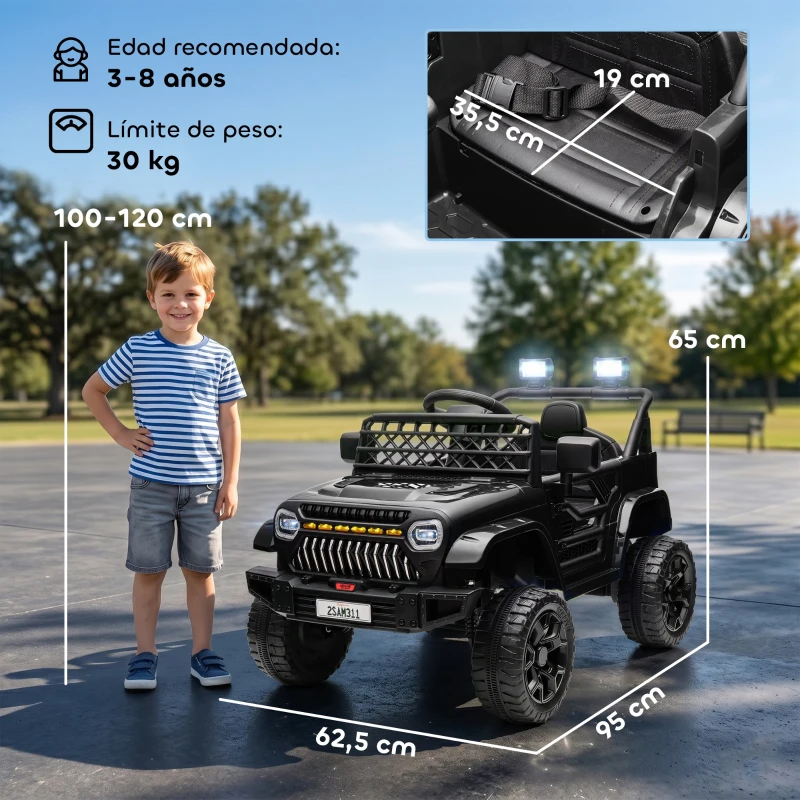 AIYAPLAY Coche Eléctrico para Niños con Batería 12V Mando a Distancia Velocidad Ajustable USB Faros Bocina Negro