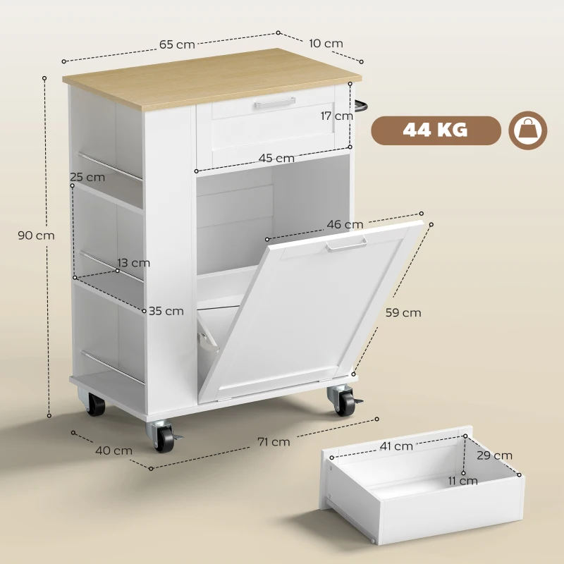 HOMCOM Kitchen Storage Trolley on Wheels, Rolling Kitchen Island with 2 Drawers, Tilt-Out Rubbish Cabinet and Storage, White