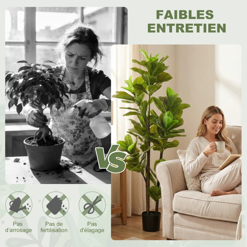 HOMCOM Lot de 2 plantes artificielles intérieures 150 cm, fausse plante à figuier lyre avec pot en ciment, vert