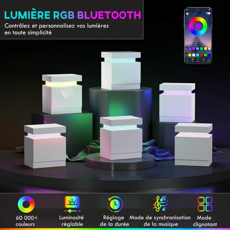 HOMCOM Table de chevet table de nuit lumière LED RVB panneau haute brillance avec 2 tiroirs pour salon chambre à coucher blanc