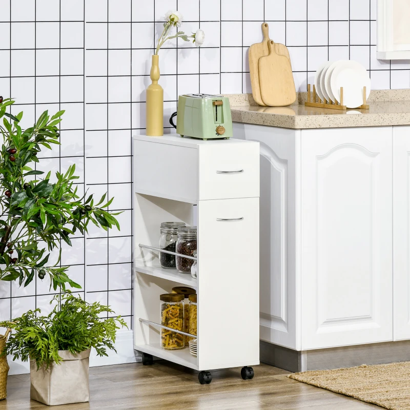HOMCOM Carrito de Cocina Verdulero con 1 Cajón y 2 Estantes Abiertos Carro Auxiliar con Ruedas 25x50x85 cm Blanco
