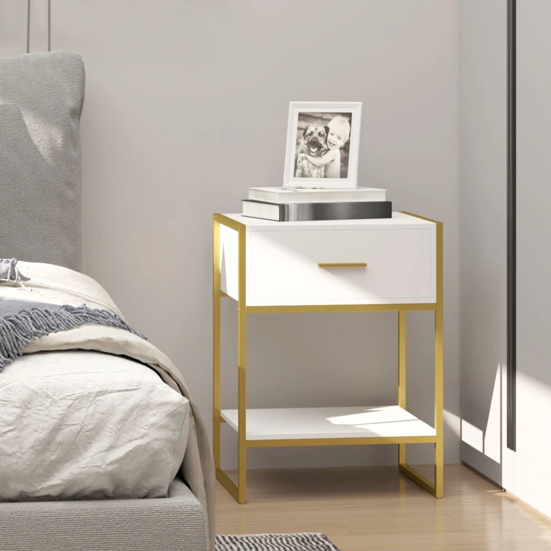 HOMCOM Table de chevet table de nuit avec tiroir étagère et poignée cadre en acier pour chambre à coucher 45 x 40 x 60 cm blanc