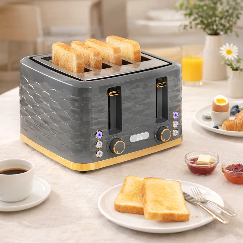 HOMCOM Toaster für 4 Scheiben mit 7 Bräunungsstufen, High-Lift, Aufwärm-/Auftau-/Abbruchs-Funktion, Graue Wellenoptik