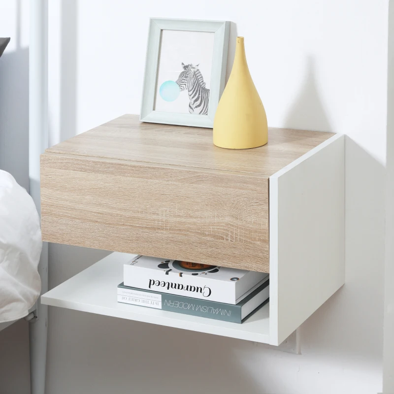HOMCOM Set 2 Comodini Sospesi a Parete con Cassetto e Mensola Bianco e Rovere