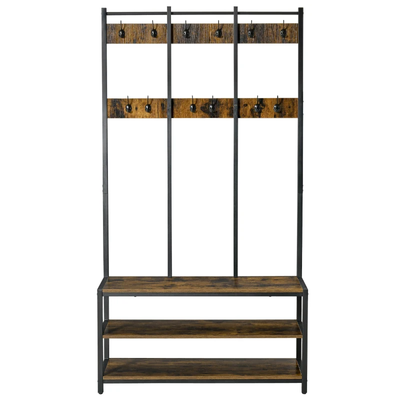 HOMCOM Coat Rack Stand, Free Standing Hall Tree, Coat Stand with Hooks, Bench and Shoe Rack, 100cm x 38.5cm x 185.5cm, Industrial Style, Rustic Brown and Black