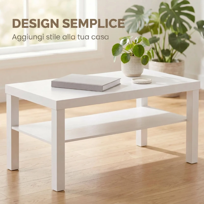 HOMCOM Tavolino da Salotto Rettangolare con Ampio Ripiano, 90×45×44.5 cm, Bianco