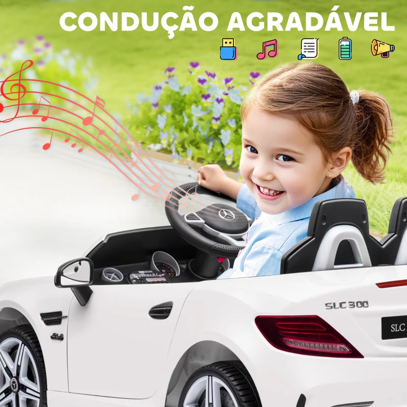 AIYAPLAY Carro Elétrico Mercedes SLC 300 12V com Faróis LED Buzina Música TF USB e Abertura da Porta 3-5km/h 107x62,5x44 cm Branco