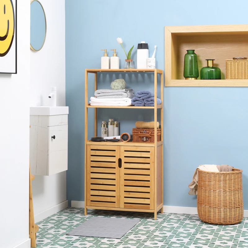 kleankin Mobiletto Bagno con 2 Ripiani Aperti e Armadietto a 2 Ante in Bambù 60x30x120cm