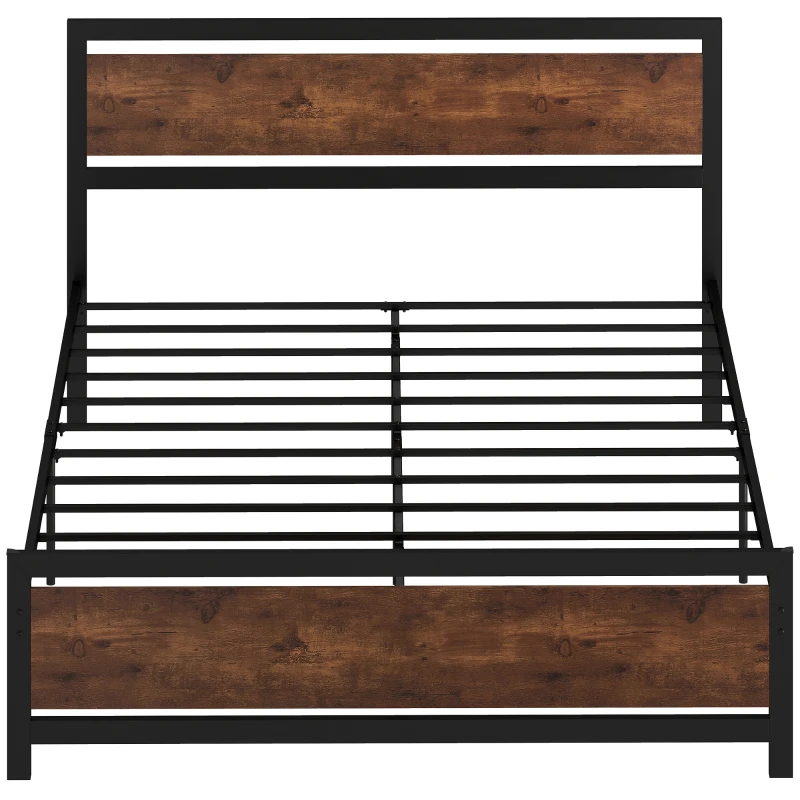 HOMCOM Cadre de lit double 200 x 160 cm en acier avec sommier et tête de lit compatible matelas aspect bois foncé