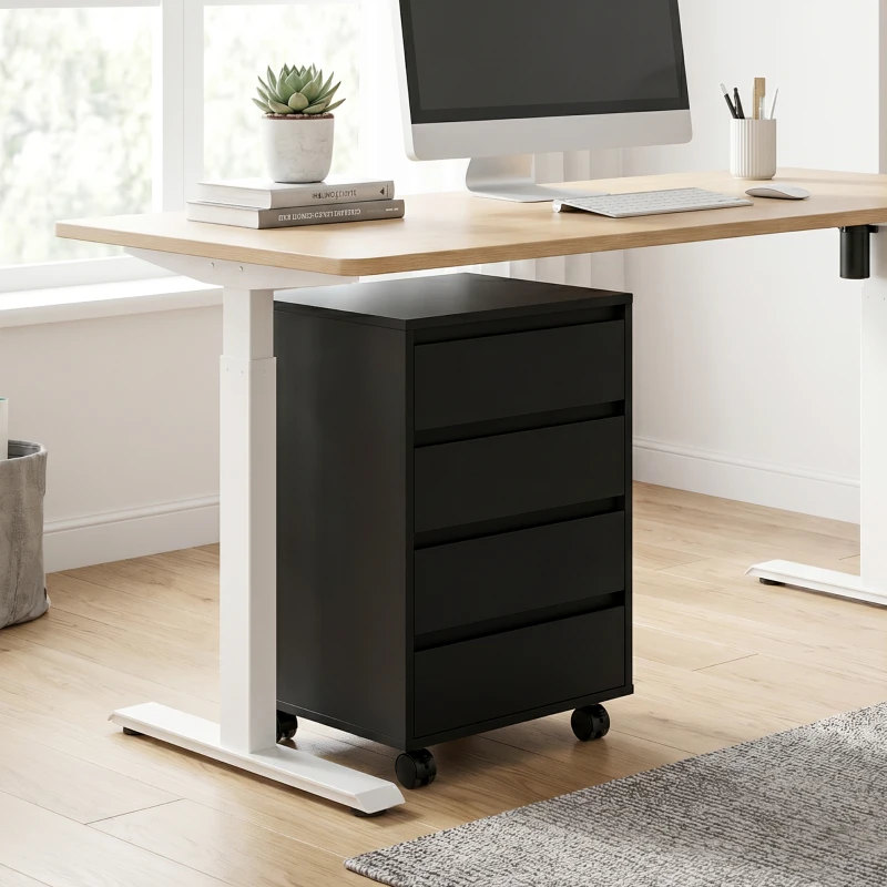 HOMCOM Four-Drawer Office Filing Cabinet, with Wheels - Black