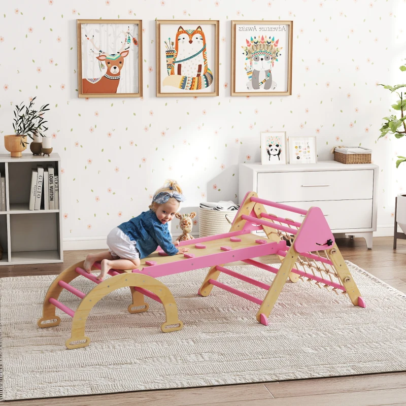 AIYAPLAY Triangle d'escalade enfants 8 en 1 avec rampe double face, arc d'escalade en bois avec toboggan & échelle, rose