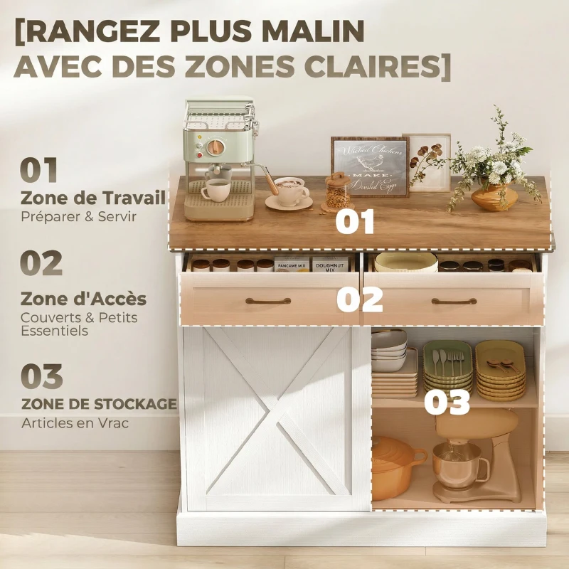 HOMCOM Îlot central cuisine, buffet cuisine, meuble de rangement avec 2 tiroirs 2 portes coulissantes, étagère réglable, blanc