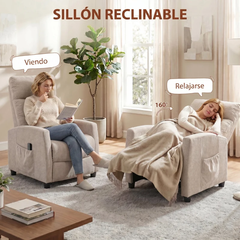 HOMCOM Sillón de Masaje Reclinable con Reposapiés 2 Zonas de Masaje Respaldo Alto Bolsillos Tapizado en Chenilla Crema