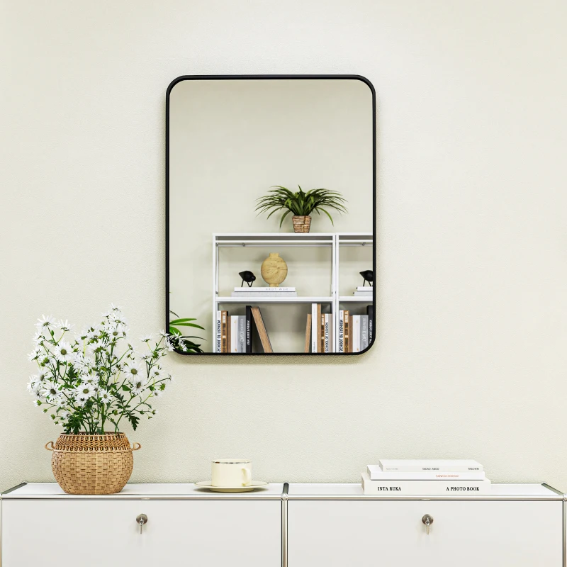 HOMCOM Specchio Bagno con Cornice in Metallo e Gancio, 60x2.5x80 cm, Nero
