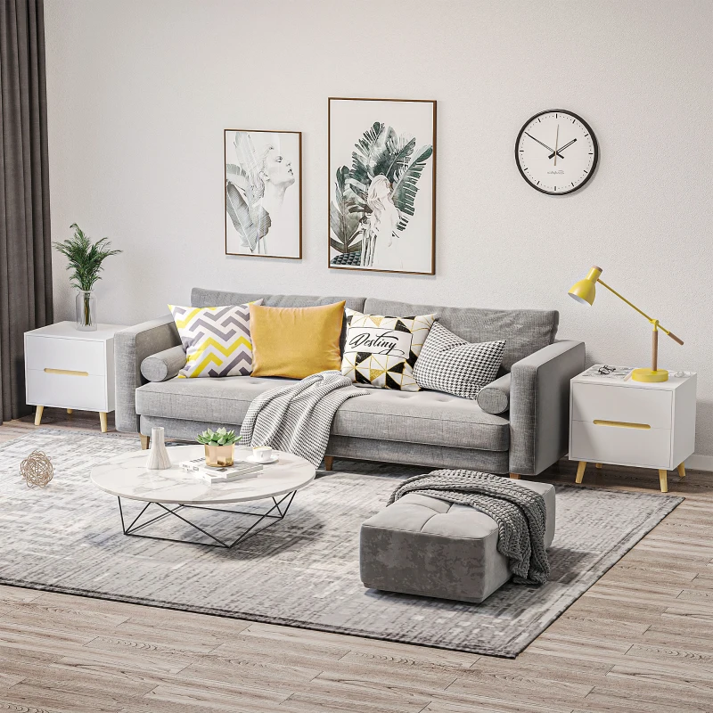HOMCOM Comodino Moderno con 2 Cassetti, Set 2 Pezzi in Truciolato e Gambe in Legno di Pino, 50Lx40Px50.5A cm, Bianco