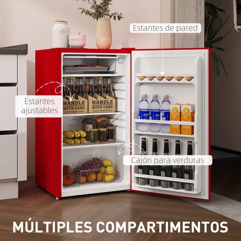HOMCOM Nevera Pequeña con Congelador 91L Silenciosa Puerta Reversible Temperatura Regulable y Estantes Ajustables Rojo