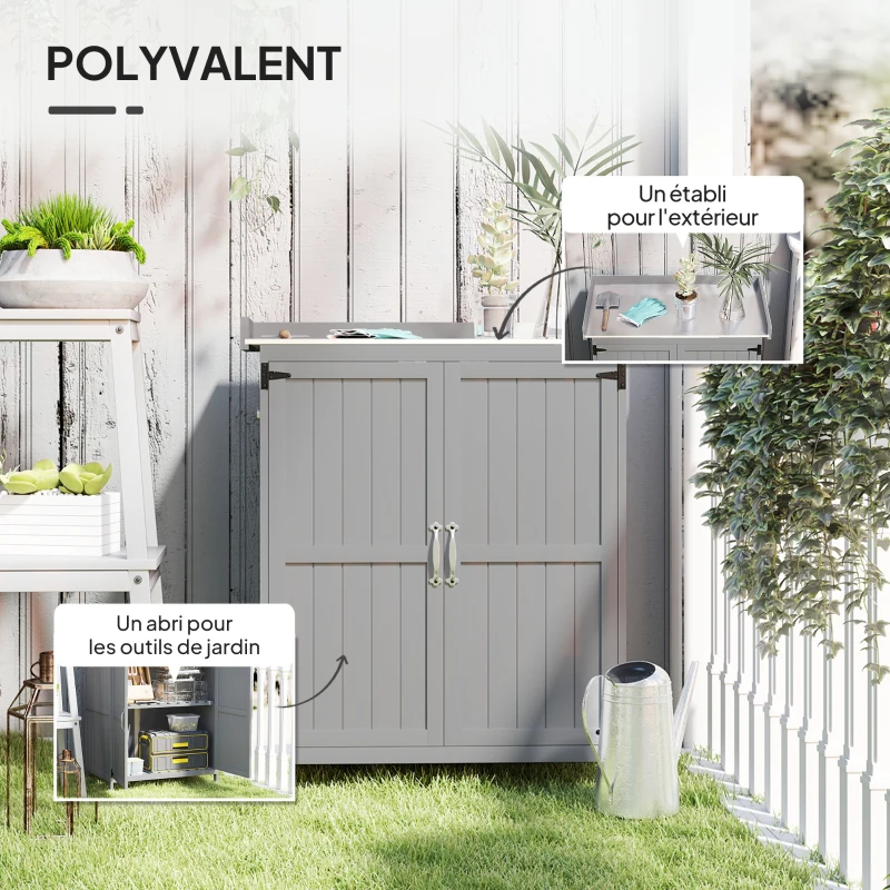 Outsunny Armoire de jardin en bois abri de jardin avec 2 portes, toit à charnières et étagère, 74 x 43 x 88 cm, gris