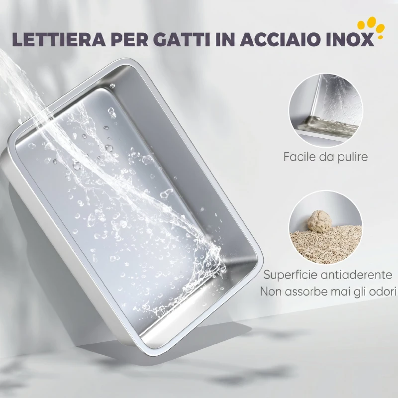 PawHut Lettiera per Gatti XL in Acciaio Inox con Paletta, Lati Alti, Antiperdita, Antiodore, Fino a 7 kg, Grigio