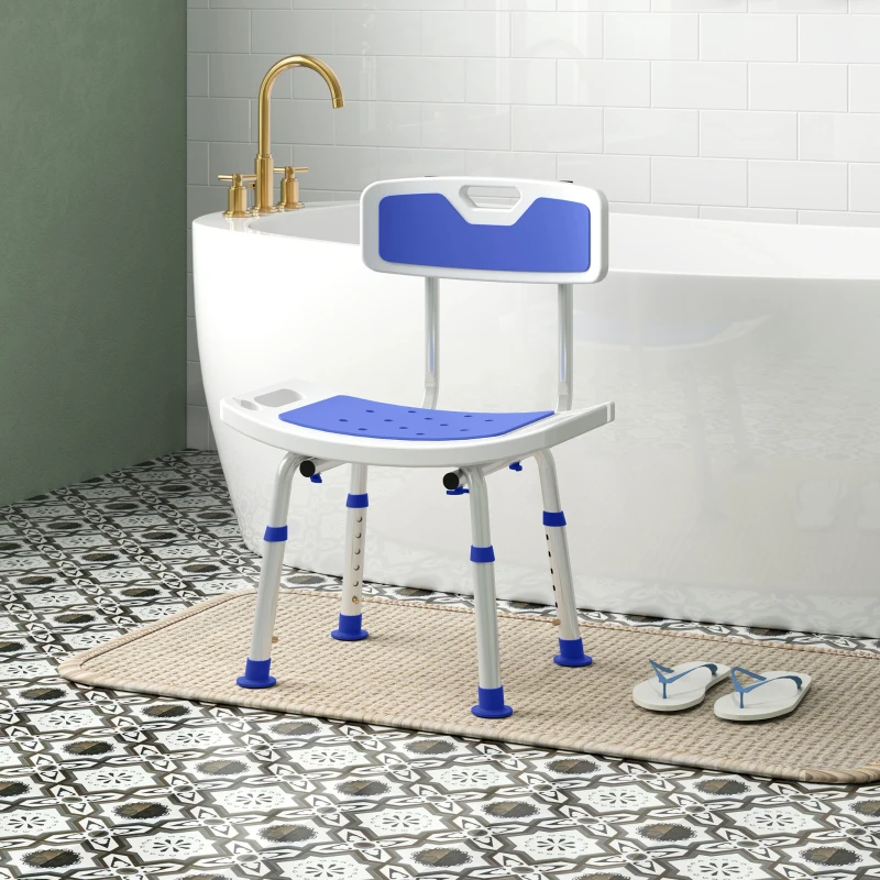 HOMCOM Shower Stool with Backrest, Height Adjustable Shower Chair with Anti-slip Foot Pads, Shower Head Holder, Blue