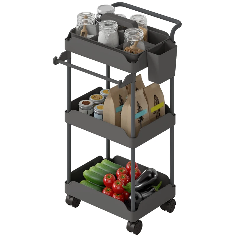 HOMCOM Carrito Auxiliar con Ruedas de 3 Niveles Carrito de Cocina con Cestas Extraíbles y Soporte para Toallas Gris