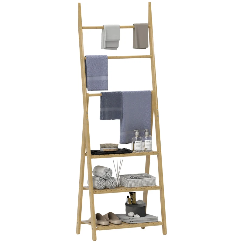 HOMCOM Étagère salle de bain en bambou pliable 3 niveaux étagère à échelle porte-serviettes 53,5x30x153cm effet bois naturel