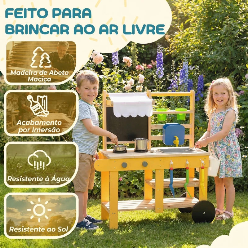 AIYAPLAY Cozinha Infantil Exterior de Madeira com Rodas Água Real Vasos Quadro e 15 Acessórios 84,2x34,4x90 cm Amarelo