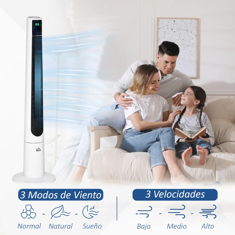 HOMCOM Ventilador de Torre Silencioso 50W con Control Remoto 3 Velocidades 3 Modos Temporizador 12H Oscilación 40° Blanco