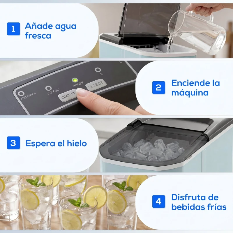 HOMCOM Máquina de Cubitos de Hielo Autolimpiable 12 kg/24H 9 Cubitos Listos en 7 Minutos 2 Tamaños de Hielo 1,5L Depósito Azul