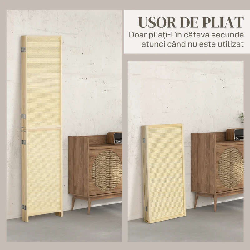 HOMCOM Paravan pliabil de interior cu 4 panouri, despărțitor din bambus ratan, 180x1,6x180 cm