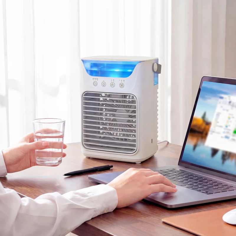 HOMCOM Air Cooler with Adjustable Head, Portable Air Conditioner with 3 Wind Speed, 2 Cool Mist, RGB Light, Grey