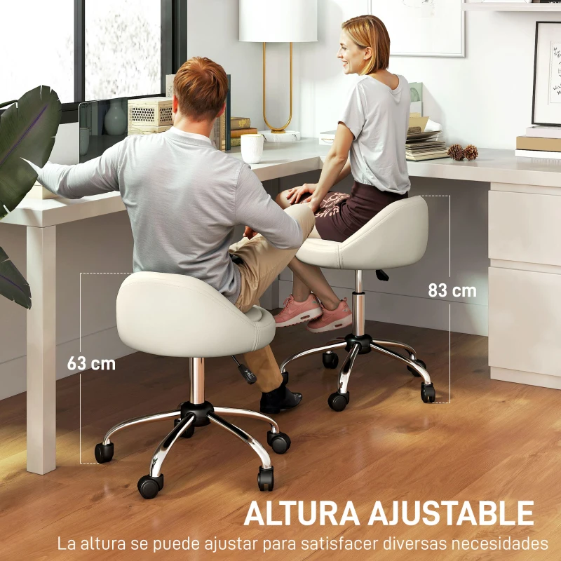 HOMCOM Taburete con Ruedas Taburete Giratoria con Altura Ajustable Taburete Cosmética Dentista Peluqueria Ø50x63-83 cm Blanco