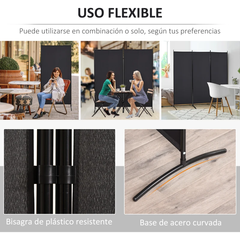 HOMCOM Biombo Separador de Ambientes de 3 Paneles 253x50x182 cm Divisor de Habitación Plegable con 6 Pies de Metal Negro
