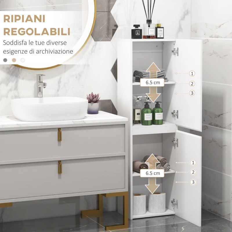 kleankin Mobile Bagno Alto a Colonna con Ante, 2 Armadietti, Mobiletto Bagno Salvaspazio con Ripiani Regolabili, Bianco Lucido