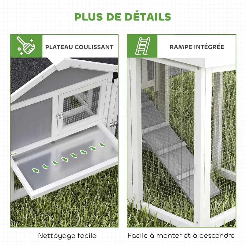 PawHut Poulailler clapier modèle chalet multi-équipé : rampes, nichoirs, plateau, en bois massif 204 x 85 x 93 cm gris