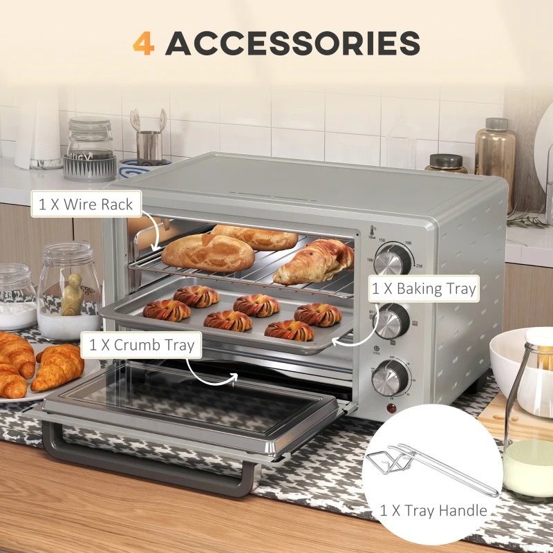 HOMCOM 21L Mini Countertop Oven, 100°C-230°C Adjustable Temp - Silver Tone