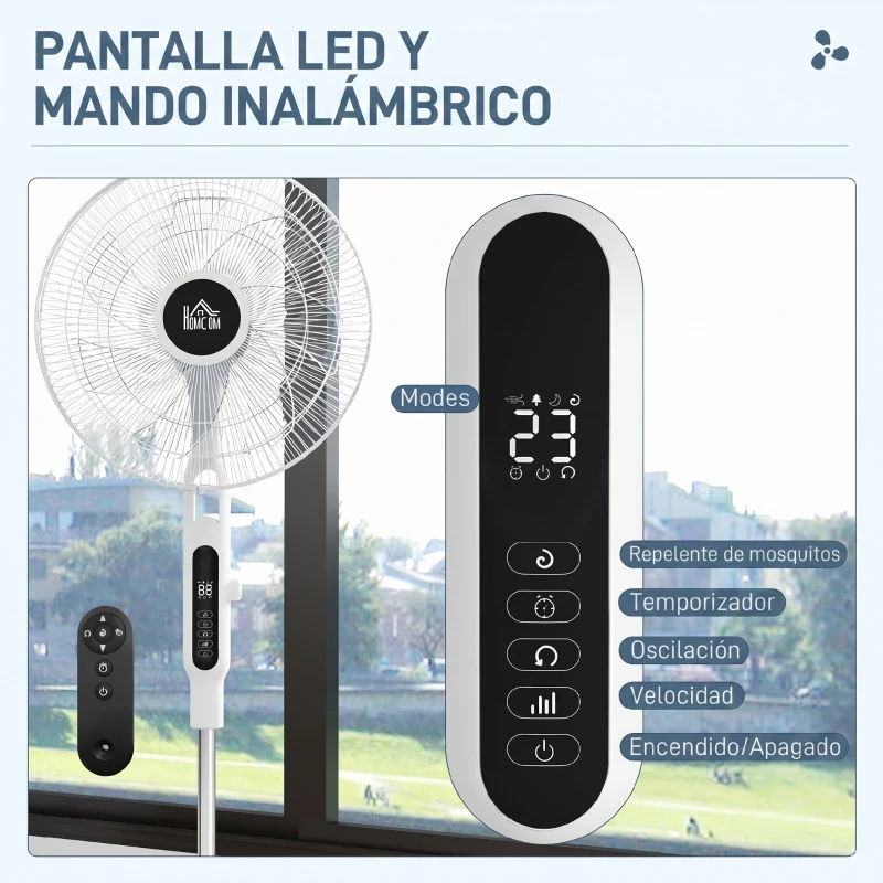 HOMCOM Ventilador de Pie con Mando a Distancia Oscilante 28 Velocidades 3 Modos Temporizador y Función Antimosquitos Blanco