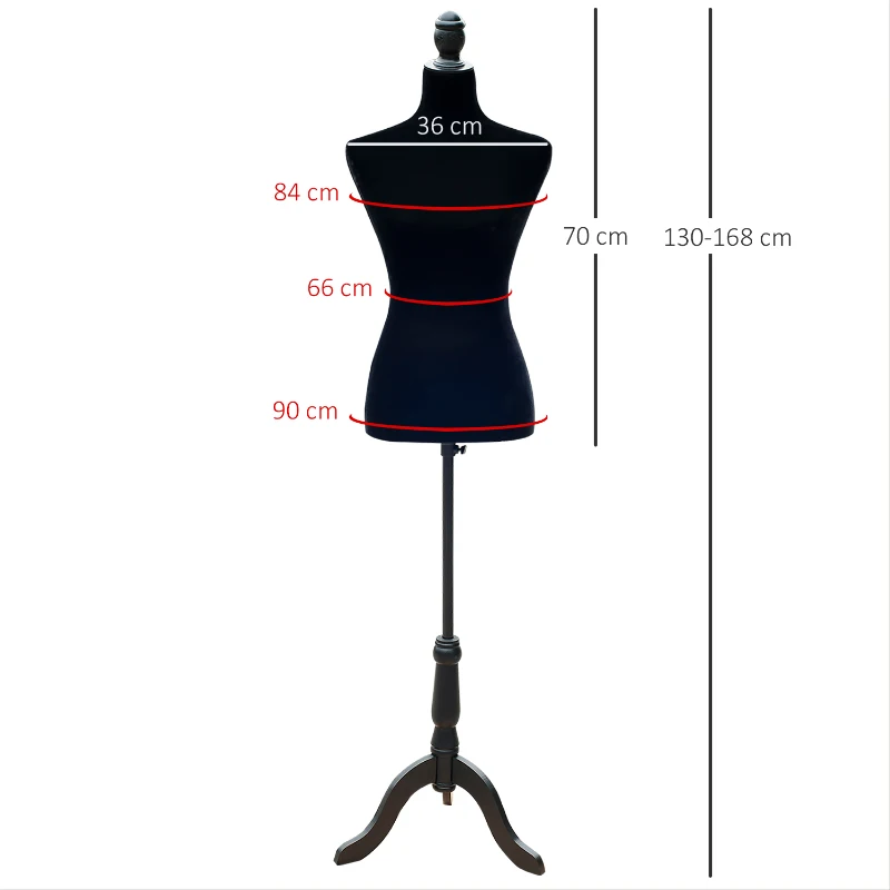 HOMCOM Maniquí de Costura Ajustable a 130-168 cm con Trípode de Madera para Fotografía de Moda Exposición de Prendas Negro