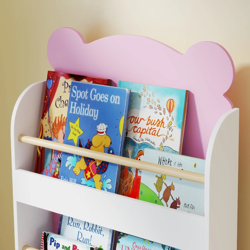 AIYAPLAY Libreria per Bambini con 3 Ripiani a Forma di Orsetto con Barriere Frontali, 55x15x110 cm, Rosa