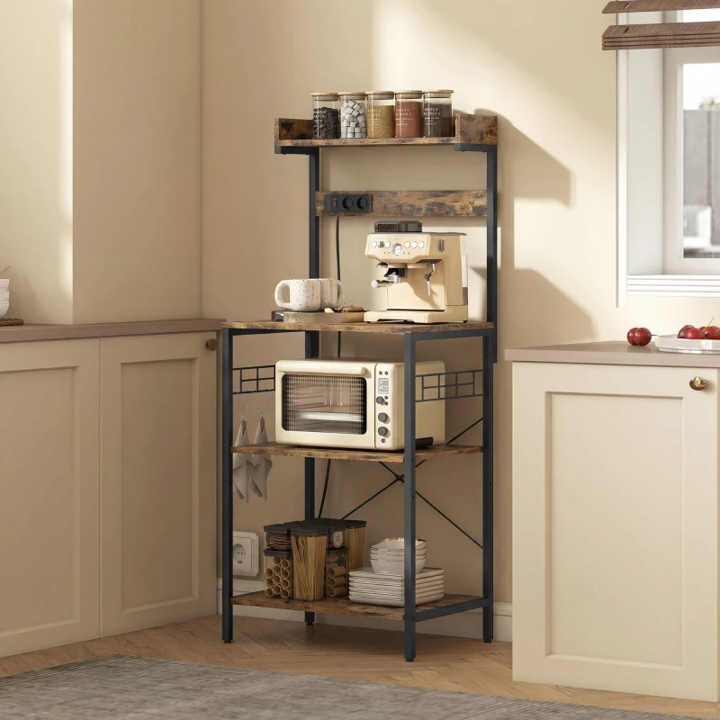 HOMCOM Estantería de Cocina con 2 Tomacorrientes Estante para Microondas Estante Ajustable Ganchos 60x42x137 cm Marrón Rústico