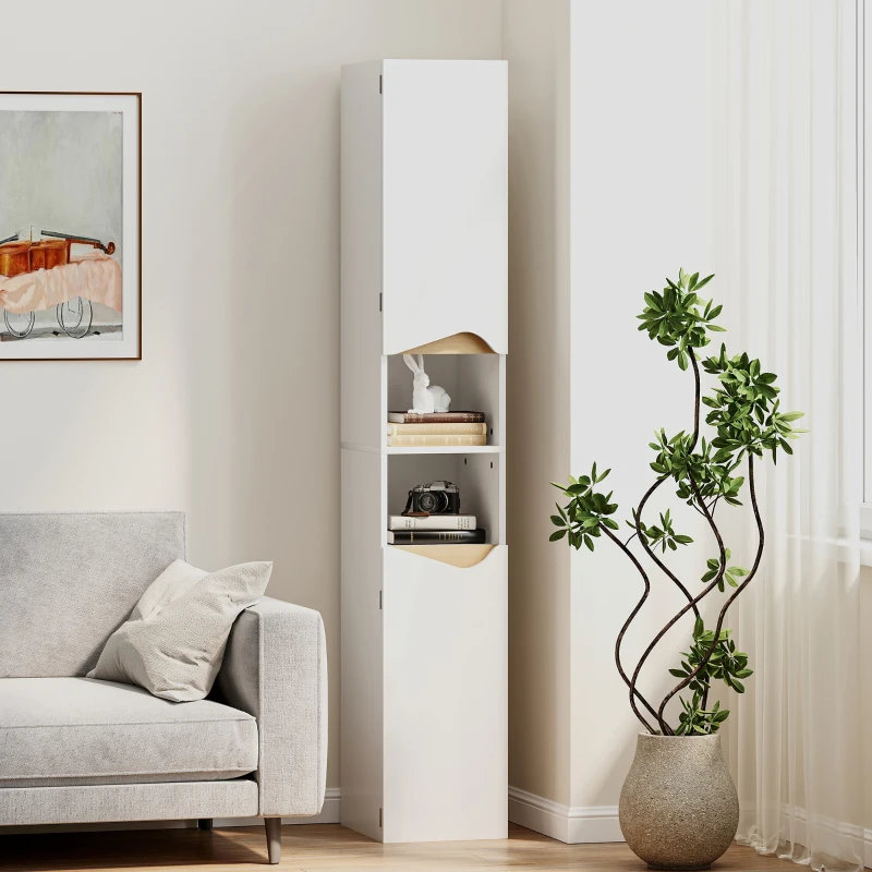 HOMCOM Meuble colonne salle de bain étroit, 2 portes, compartiments ouverts, étagères réglables, 30 x 34,6 x 180,5 cm, blanc
