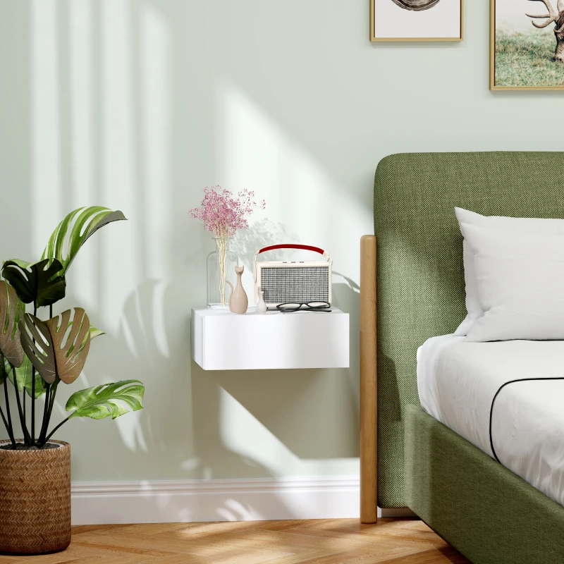 HOMCOM Floating Bedside Table Set of 2, Wall-Mounted Nightstand with Storage Drawer, White