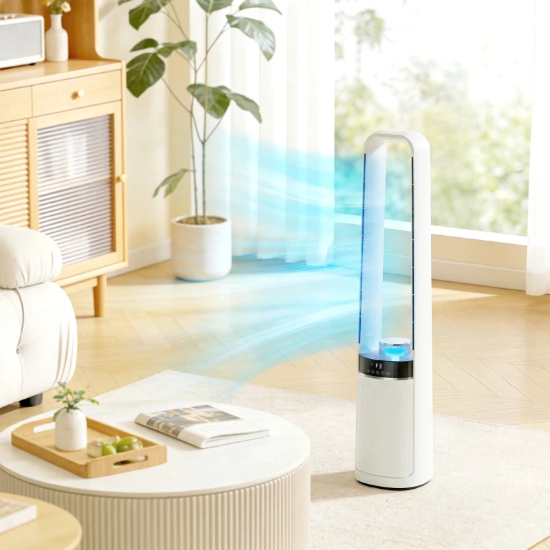 HOMCOM Bladeless Tower Fan, 36dB Standing Cooling Fan with Oscillating, LED Lights, 3 Speeds, 12H Timer, Remote Control