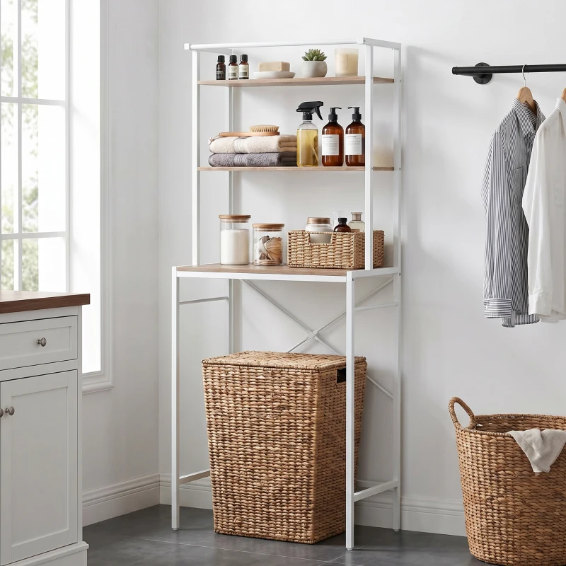 HOMCOM Étagère de Machine à Laver 3 Niveaux, Meuble pour Lave-Linge et Sèche-Linge avec Barre de Suspension, Marron et Blanc