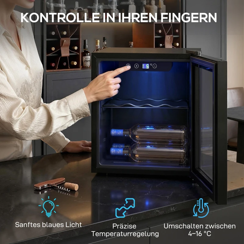 HOMCOM Weinkühler für 12 Flaschen, 36 L Kapazität, 4–16°C, Unterbau Kühlschrank für Getränke und Bier, mit Glastür, LED-Licht