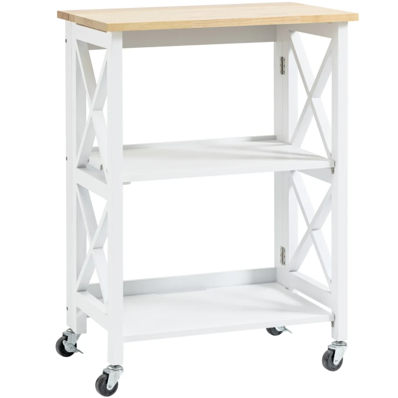 HOMCOM Carrito de Cocina Plegable Carro Auxiliar con Ruedas Carro Verdulero con 2 Estantes para Comedor 60x40x84 cm Blanco