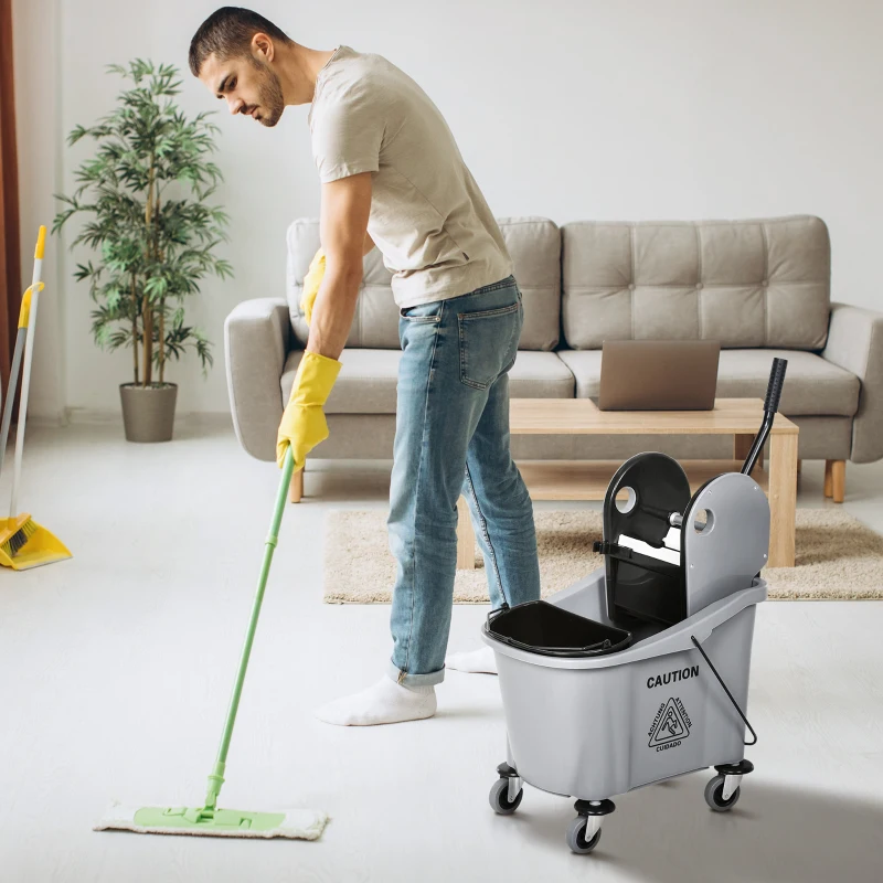 HOMCOM Cubo de Fregona con Ruedas 36L Carro de Limpieza con Escurridor de Presión y 2 Cubetas Separadas 54x41x91,5cm Gris