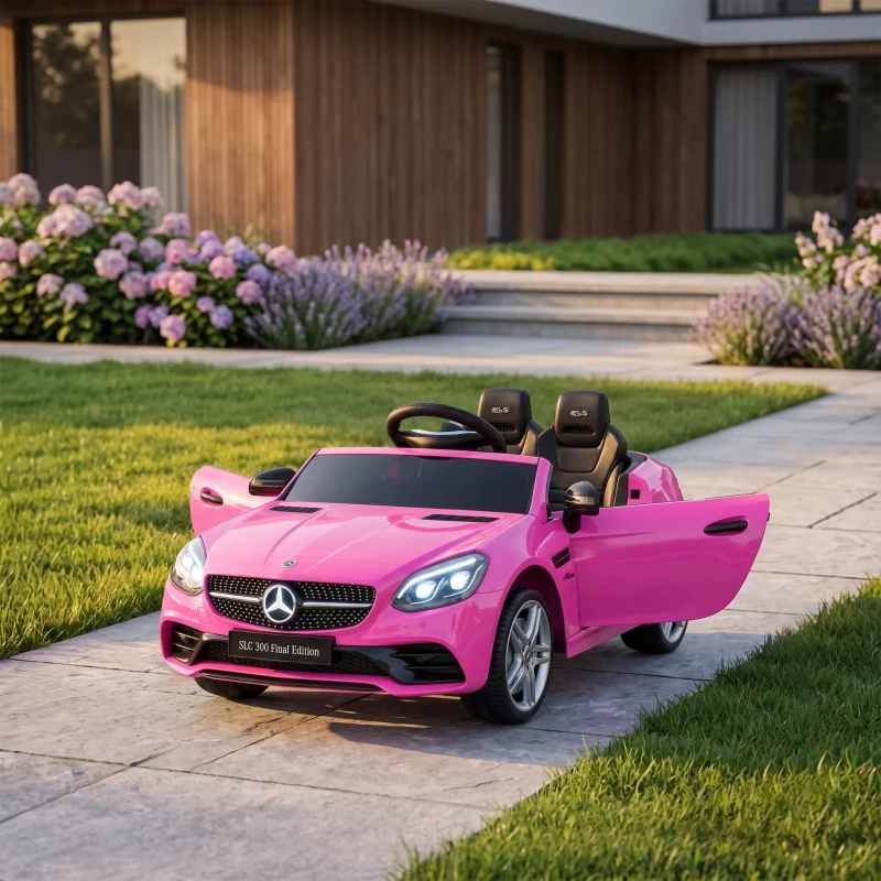 AIYAPLAY Coche Eléctrico para Niños de +3 Años, Mercedes SLC 300, Coche Eléctrico 12V, con Mando a Distancia 2,4 G, Ruedas Traseras con Suspensión, Faros LED, Música, USB, Motor Doble, Rosa