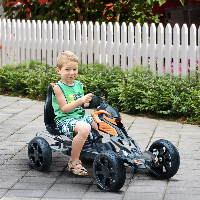 HOMCOM Go Kart Racing Deportivo Coche de Pedales para Niños +5 Años con Asiento Ajustable Embrague y Freno Ruedas de Goma 122x60x70cm Negro y Naranja