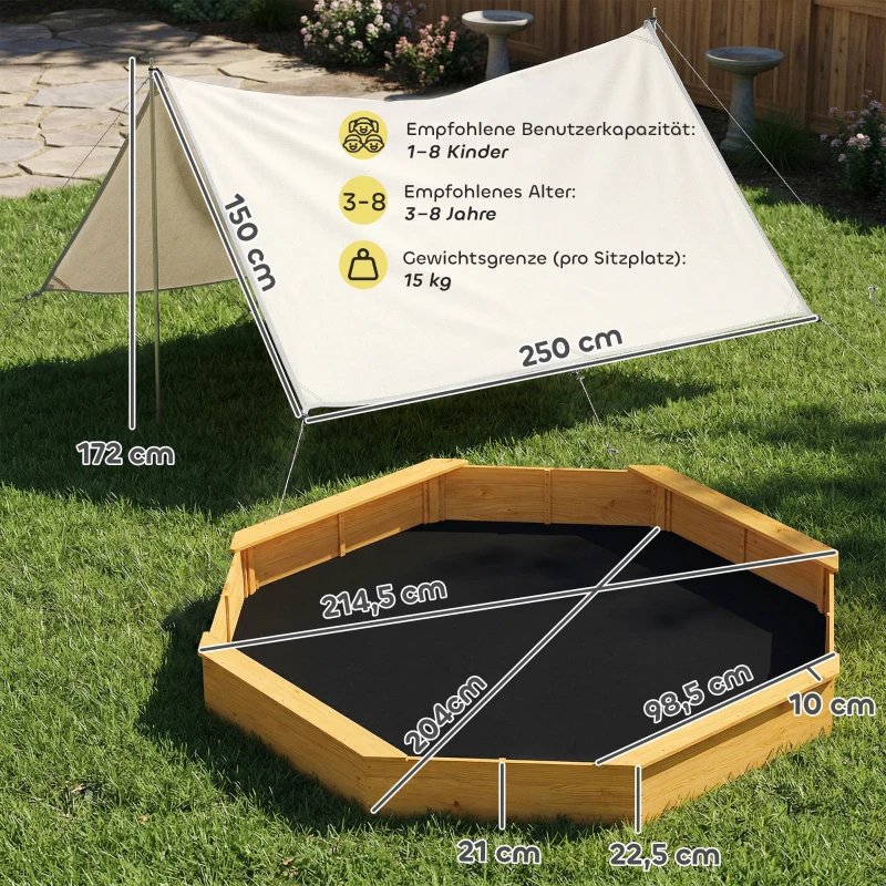AIYAPLAY Sandkasten mit Dach 4 Sitzbänken Bodenplane für 8 Kinder von 3-8 Jahren für Outdoor Garten Holz 214,5 x 214,5 cm Gelb