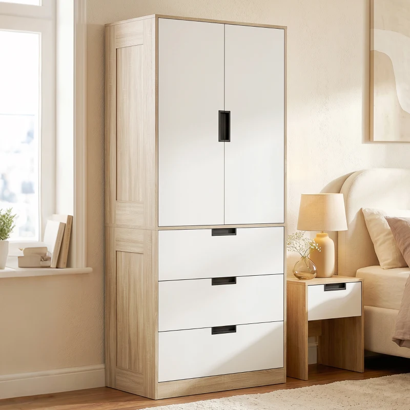 HOMCOM Modern Clothes Storage Cupboard Unit, 3 Drawer 2 Door Wardrobe with Hanging Rod, Oak